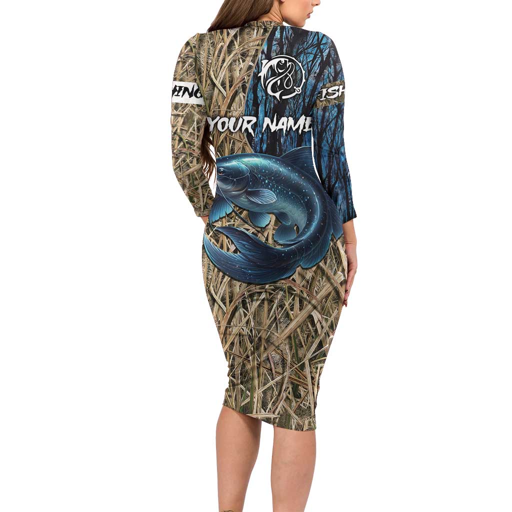 Catfish Fishing Personalized Long Sleeve Bodycon Dress Blue Bass and Camo Reeds Background - Wonder Print Shop