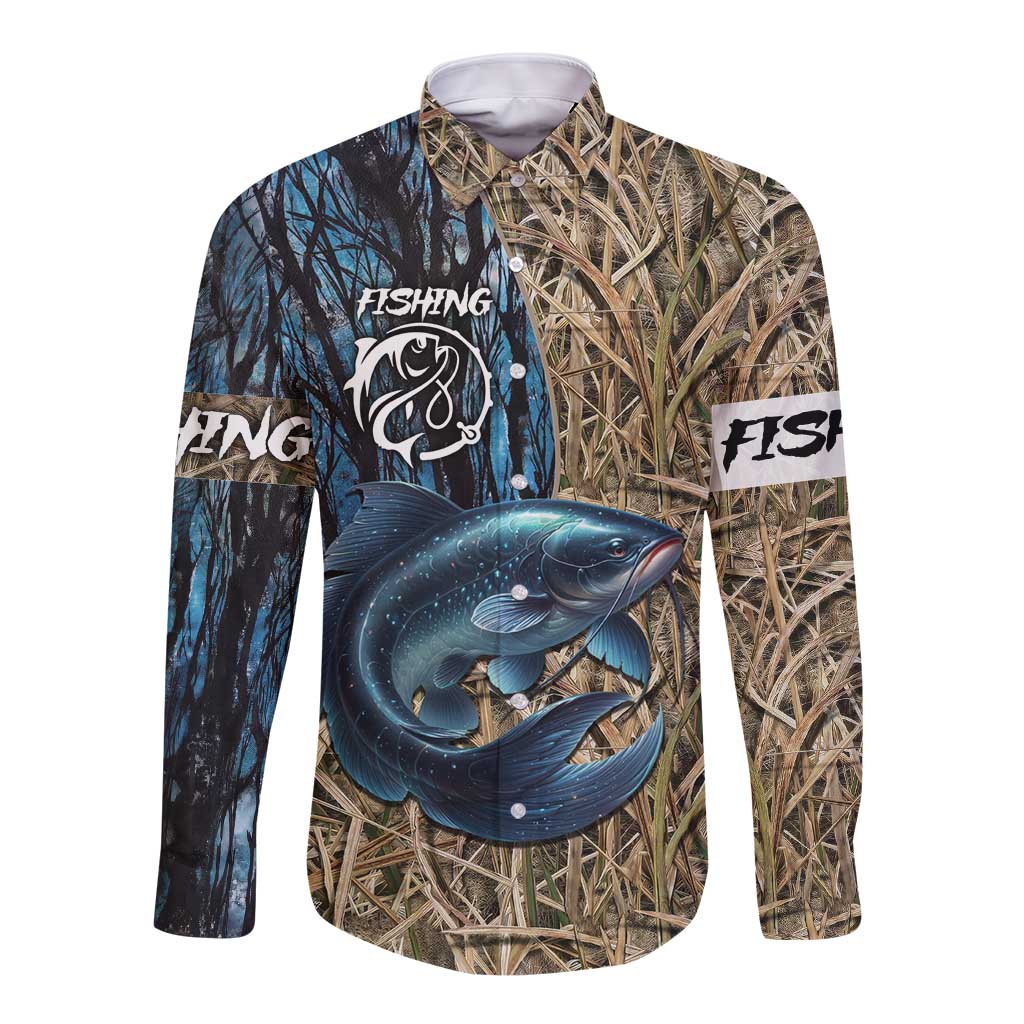 Catfish Fishing Personalized Long Sleeve Button Shirt Blue Bass and Camo Reeds Background - Wonder Print Shop
