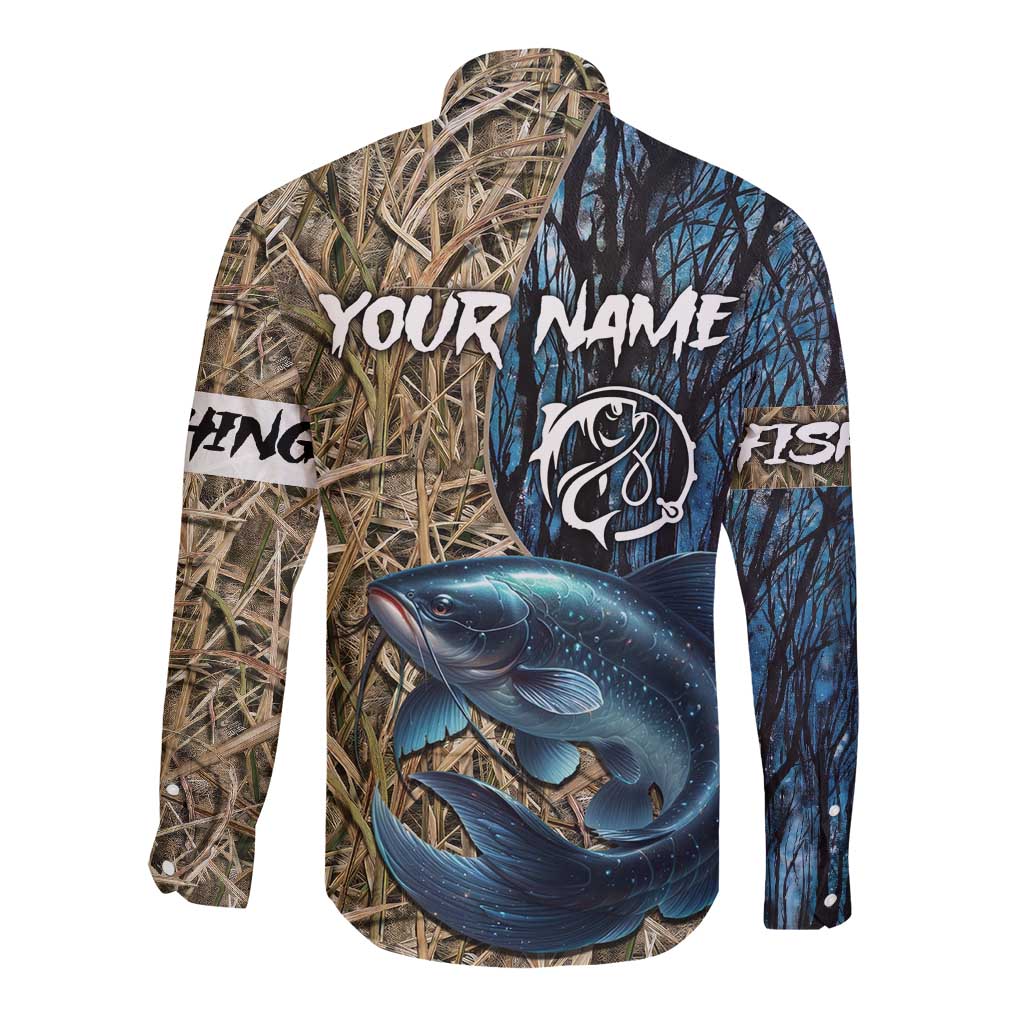 Catfish Fishing Personalized Long Sleeve Button Shirt Blue Bass and Camo Reeds Background - Wonder Print Shop