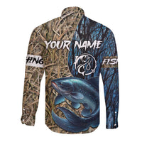 Catfish Fishing Personalized Long Sleeve Button Shirt Blue Bass and Camo Reeds Background - Wonder Print Shop