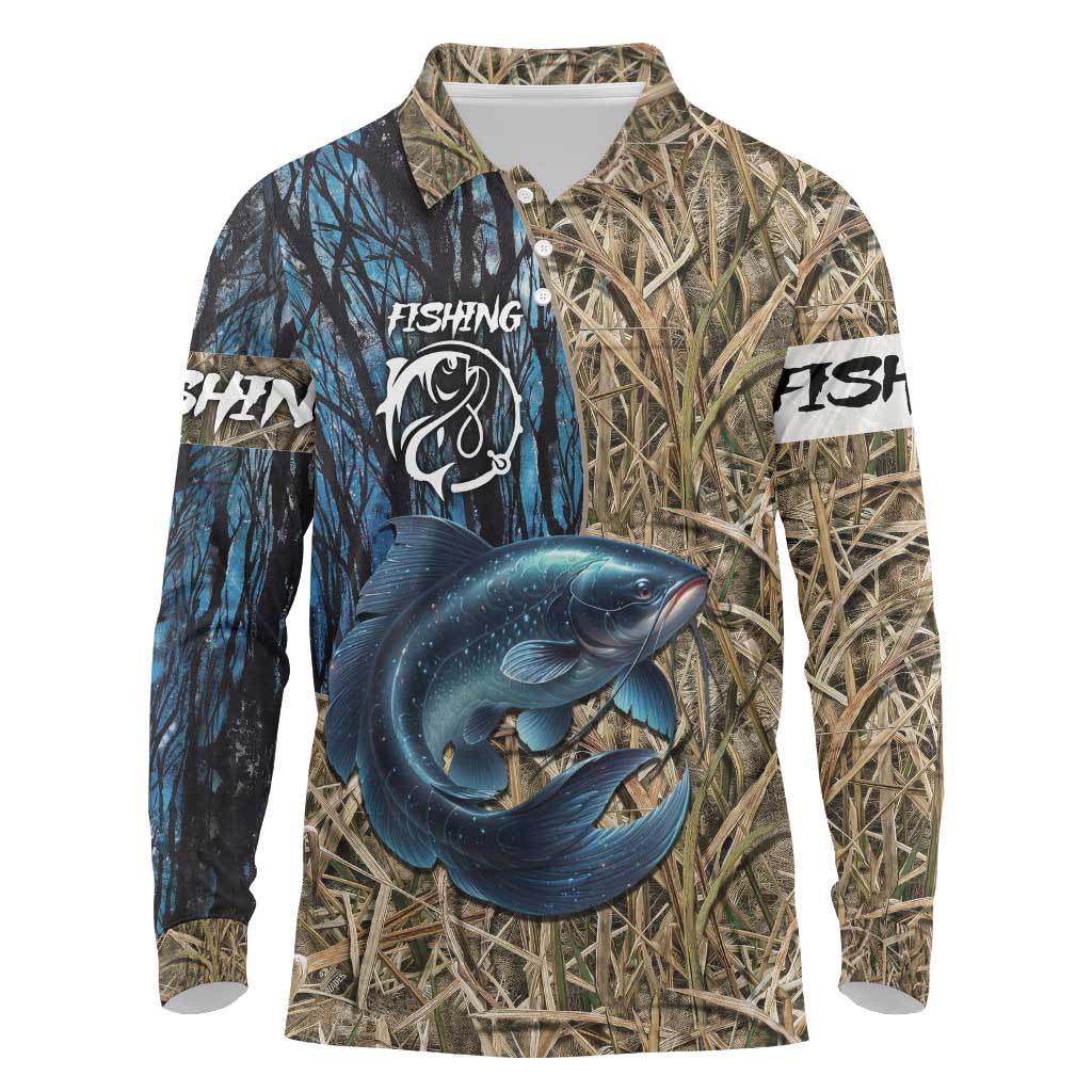 Catfish Fishing Personalized Long Sleeve Polo Shirt Blue Bass and Camo Reeds Background - Wonder Print Shop