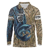 Catfish Fishing Personalized Long Sleeve Polo Shirt Blue Bass and Camo Reeds Background - Wonder Print Shop