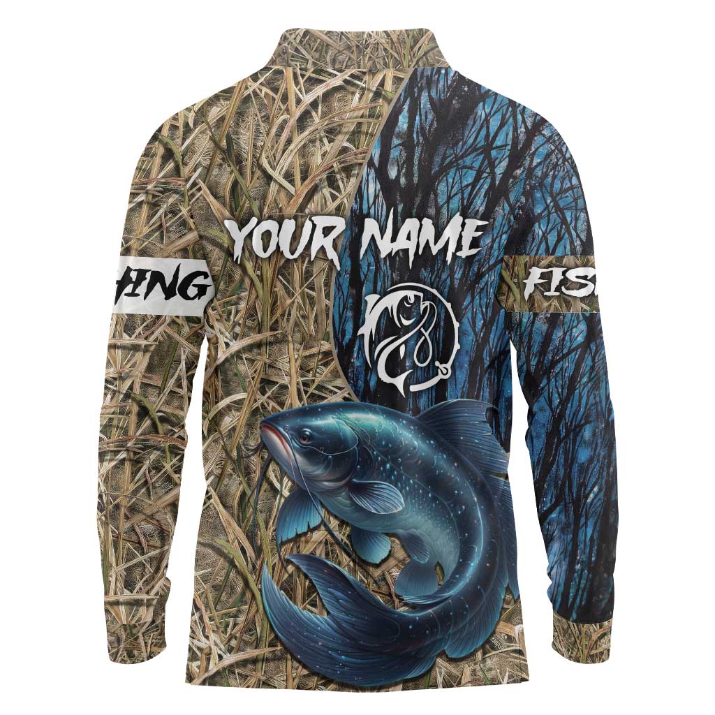 Catfish Fishing Personalized Long Sleeve Polo Shirt Blue Bass and Camo Reeds Background - Wonder Print Shop