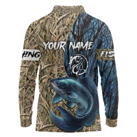 Catfish Fishing Personalized Long Sleeve Polo Shirt Blue Bass and Camo Reeds Background - Wonder Print Shop