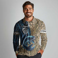 Catfish Fishing Personalized Long Sleeve Polo Shirt Blue Bass and Camo Reeds Background - Wonder Print Shop