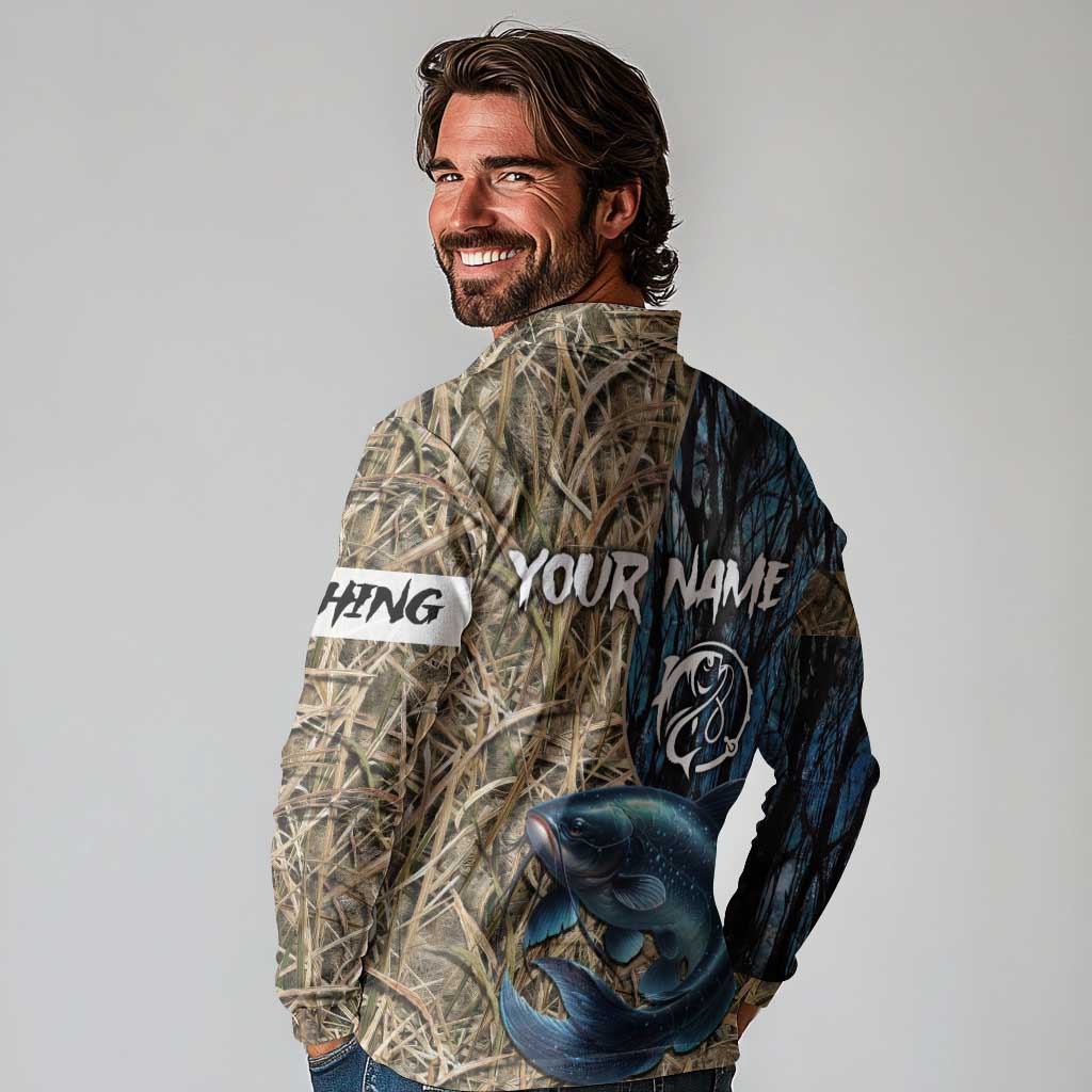 Catfish Fishing Personalized Long Sleeve Polo Shirt Blue Bass and Camo Reeds Background - Wonder Print Shop