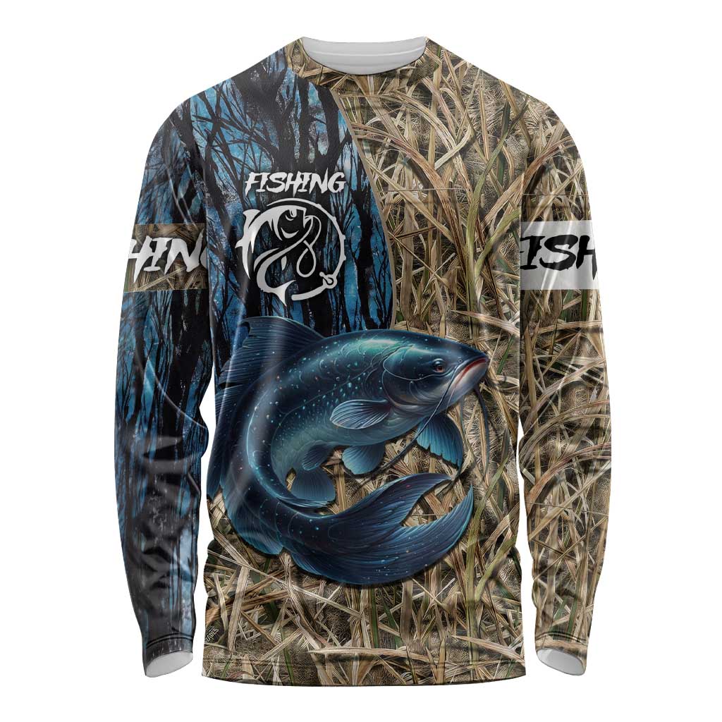 Catfish Fishing Personalized Long Sleeve Shirt Blue Bass and Camo Reeds Background - Wonder Print Shop