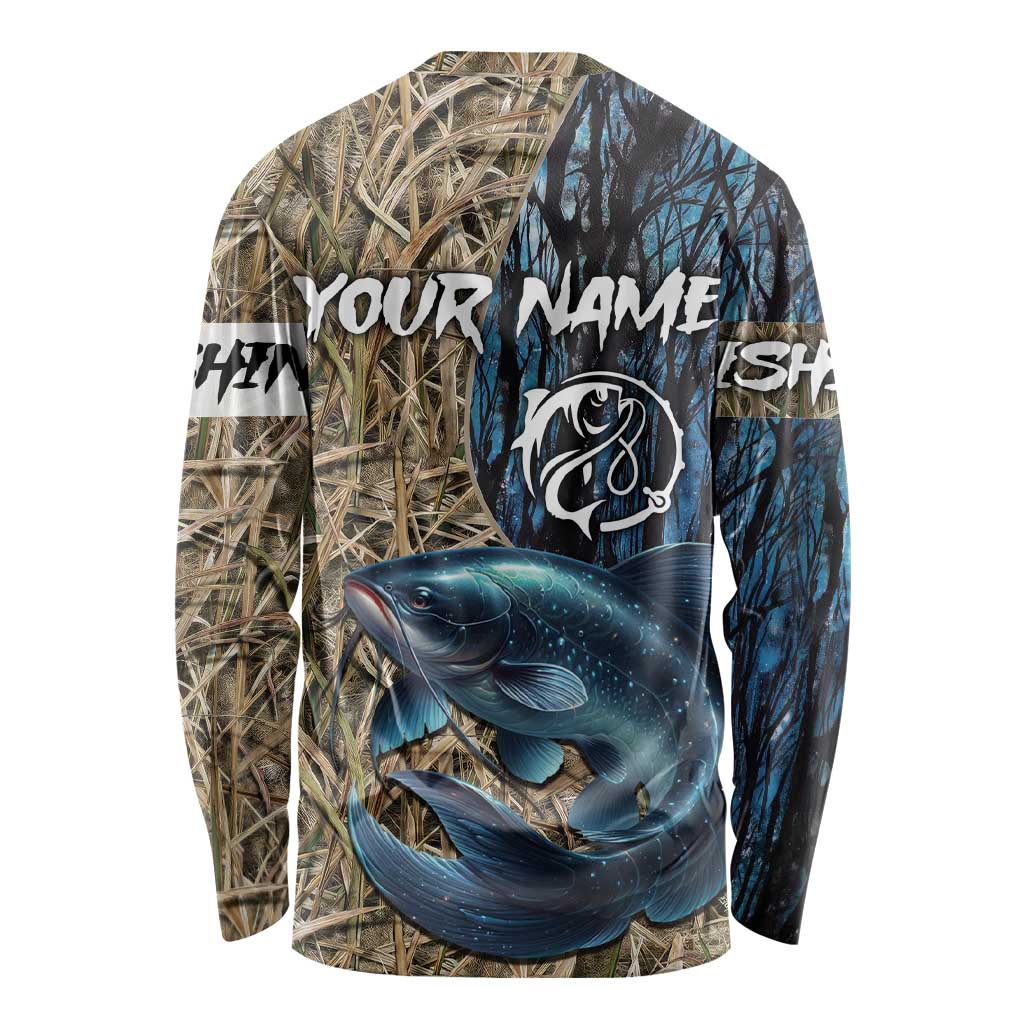 Catfish Fishing Personalized Long Sleeve Shirt Blue Bass and Camo Reeds Background - Wonder Print Shop