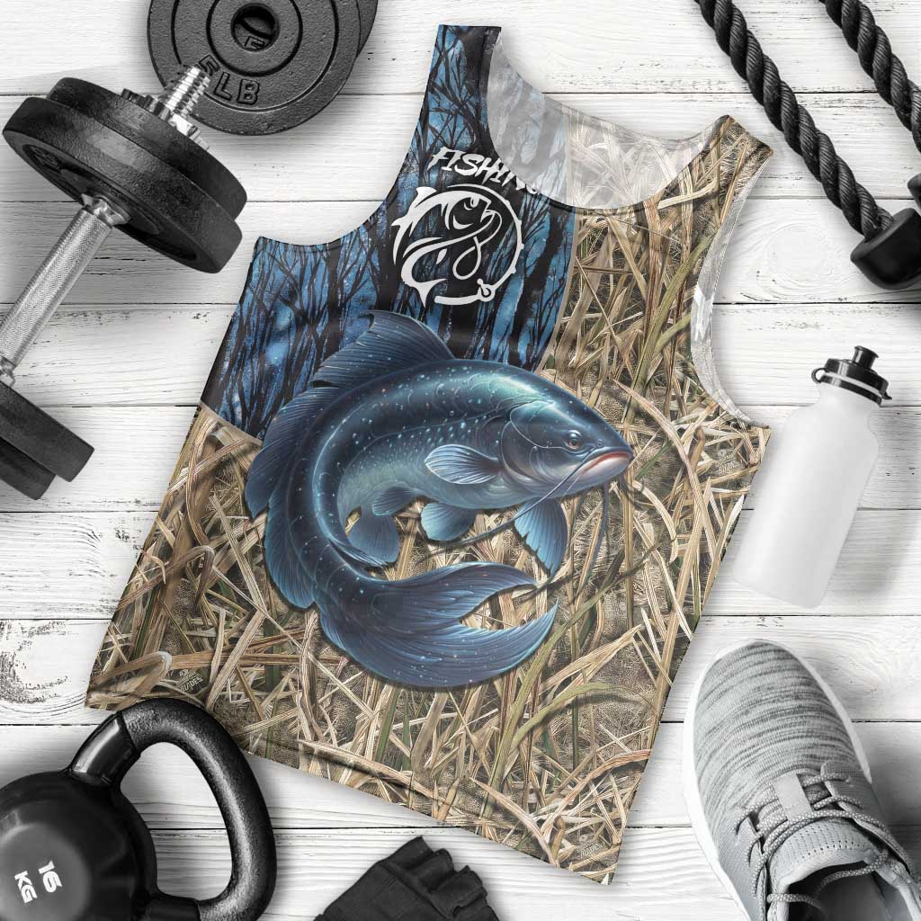 Catfish Fishing Personalized Men Tank Top Blue Bass and Camo Reeds Background - Wonder Print Shop