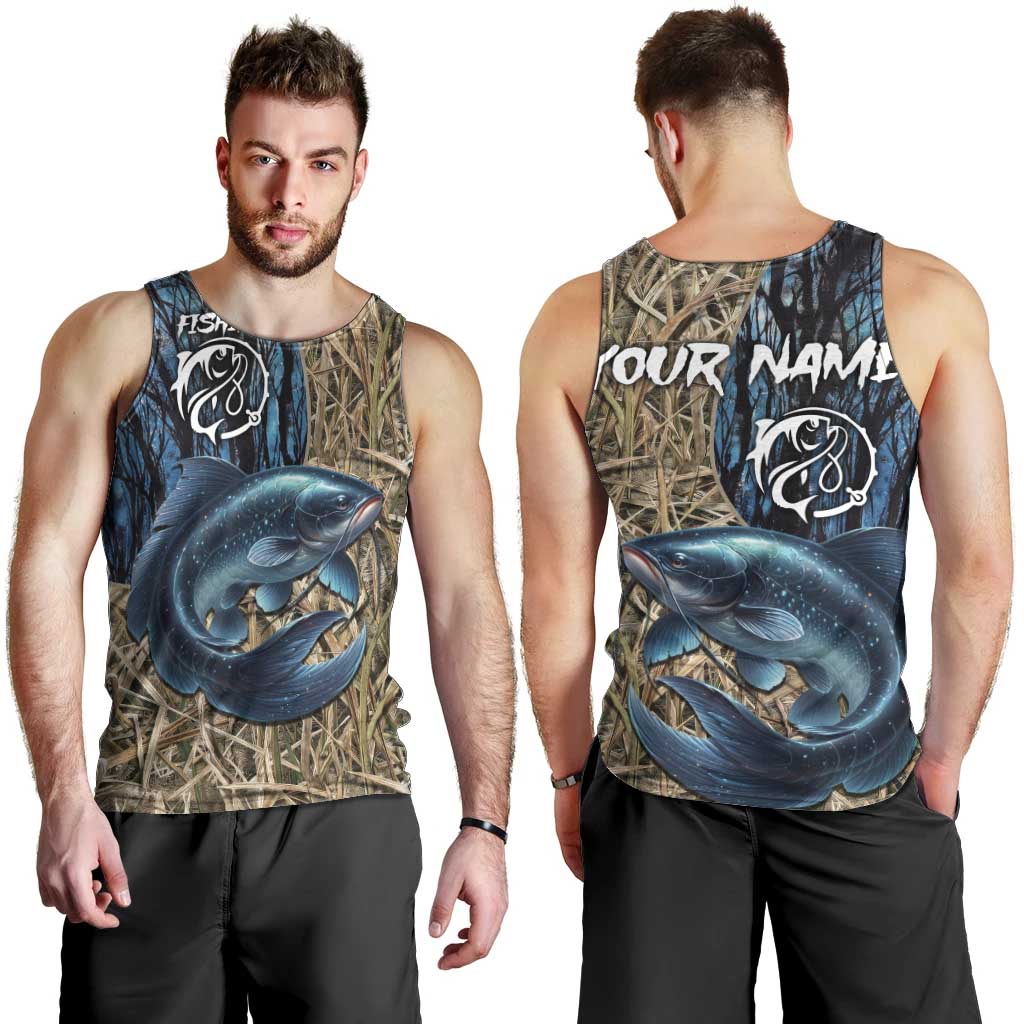 Catfish Fishing Personalized Men Tank Top Blue Bass and Camo Reeds Background - Wonder Print Shop