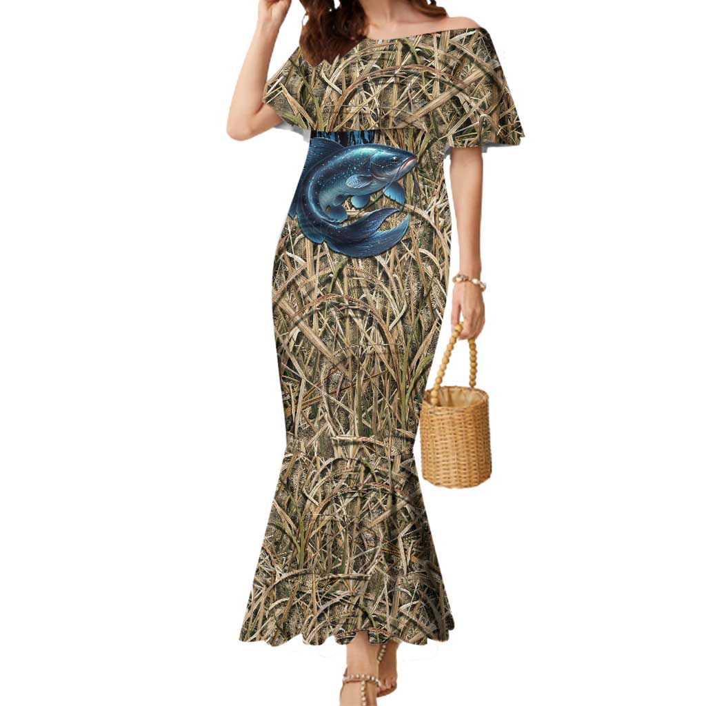 Catfish Fishing Personalized Mermaid Dress Blue Bass and Camo Reeds Background - Wonder Print Shop