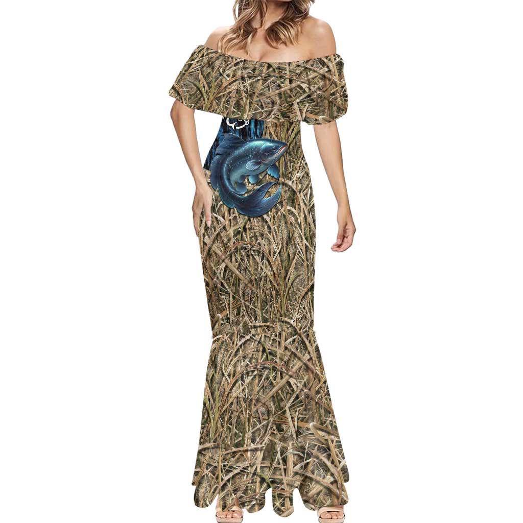 Catfish Fishing Personalized Mermaid Dress Blue Bass and Camo Reeds Background - Wonder Print Shop