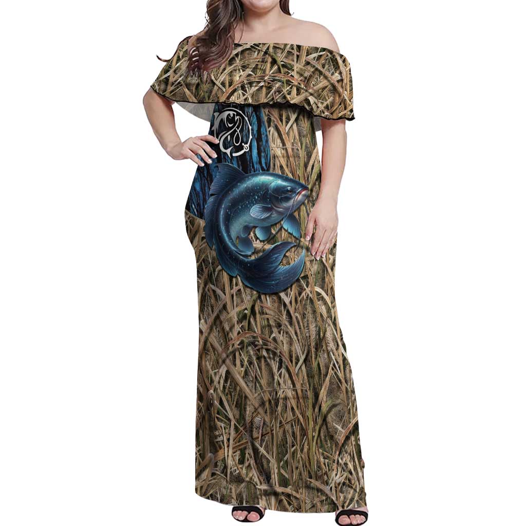 Catfish Fishing Personalized Off Shoulder Maxi Dress Blue Bass and Camo Reeds Background - Wonder Print Shop