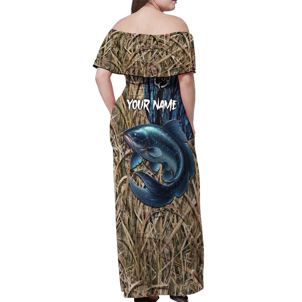 Catfish Fishing Personalized Off Shoulder Maxi Dress Blue Bass and Camo Reeds Background - Wonder Print Shop