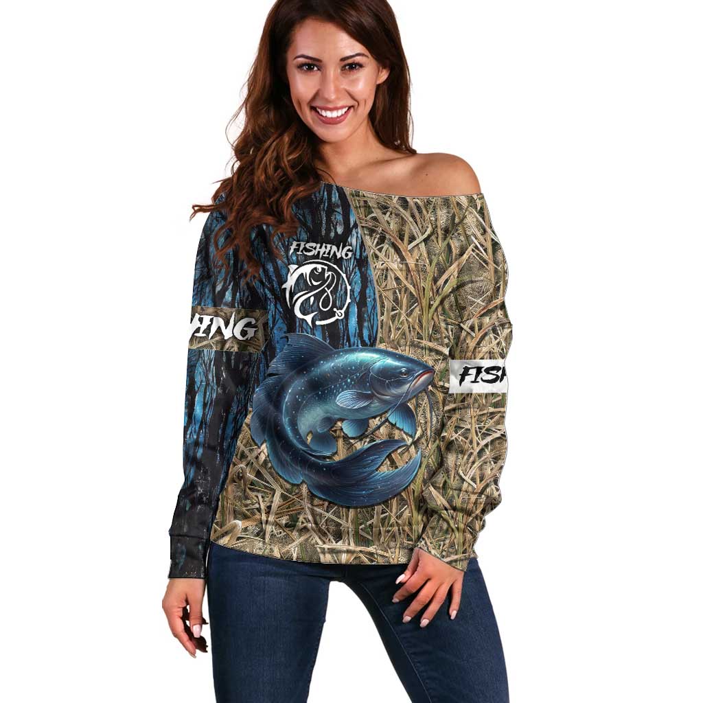 Catfish Fishing Personalized Off Shoulder Sweater Blue Bass and Camo Reeds Background - Wonder Print Shop