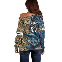 Catfish Fishing Personalized Off Shoulder Sweater Blue Bass and Camo Reeds Background - Wonder Print Shop