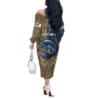 Catfish Fishing Personalized Off The Shoulder Long Sleeve Dress Blue Bass and Camo Reeds Background - Wonder Print Shop