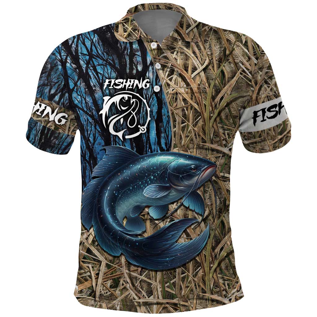 Catfish Fishing Personalized Polo Shirt Blue Bass and Camo Reeds Background - Wonder Print Shop