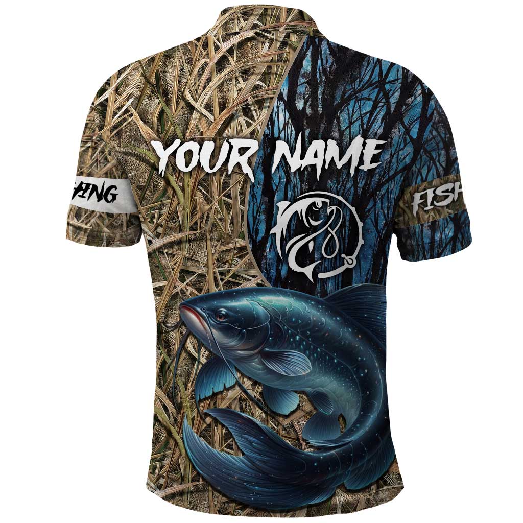 Catfish Fishing Personalized Polo Shirt Blue Bass and Camo Reeds Background - Wonder Print Shop