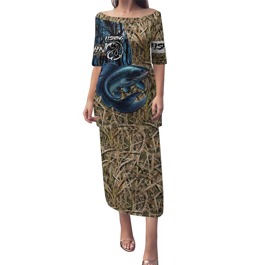 Catfish Fishing Personalized Puletasi Blue Bass and Camo Reeds Background - Wonder Print Shop