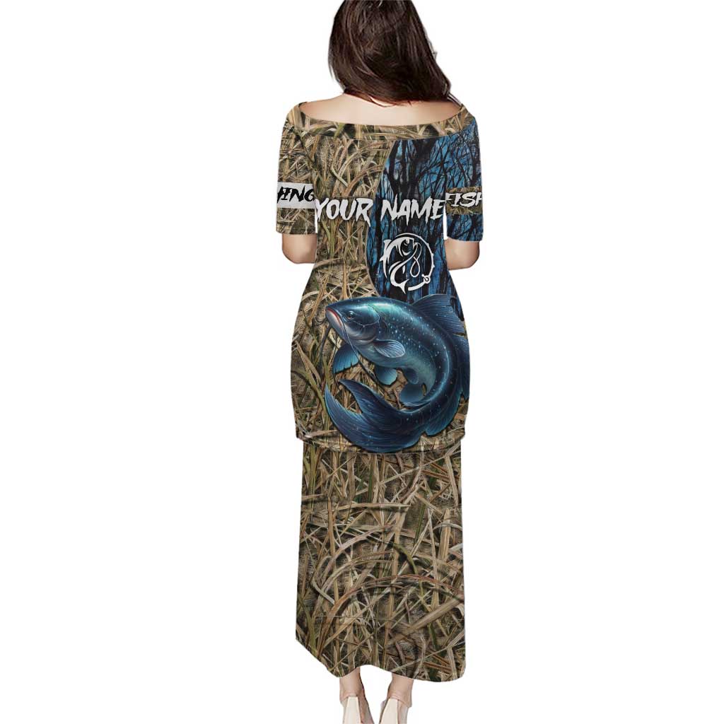 Catfish Fishing Personalized Puletasi Blue Bass and Camo Reeds Background - Wonder Print Shop