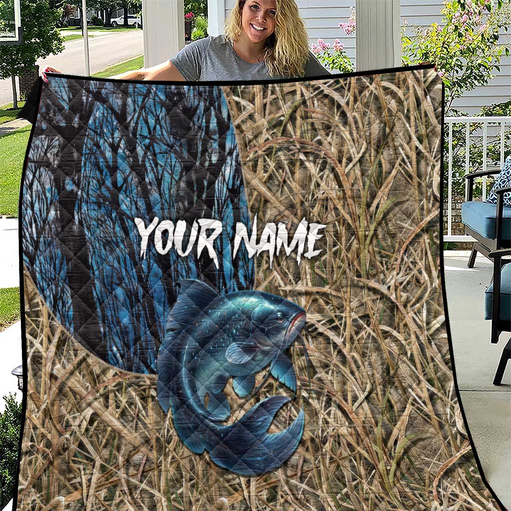 Catfish Fishing Personalized Quilt Blue Bass and Camo Reeds Background - Wonder Print Shop