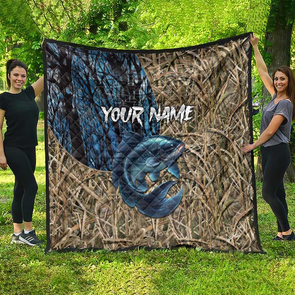 Catfish Fishing Personalized Quilt Blue Bass and Camo Reeds Background - Wonder Print Shop