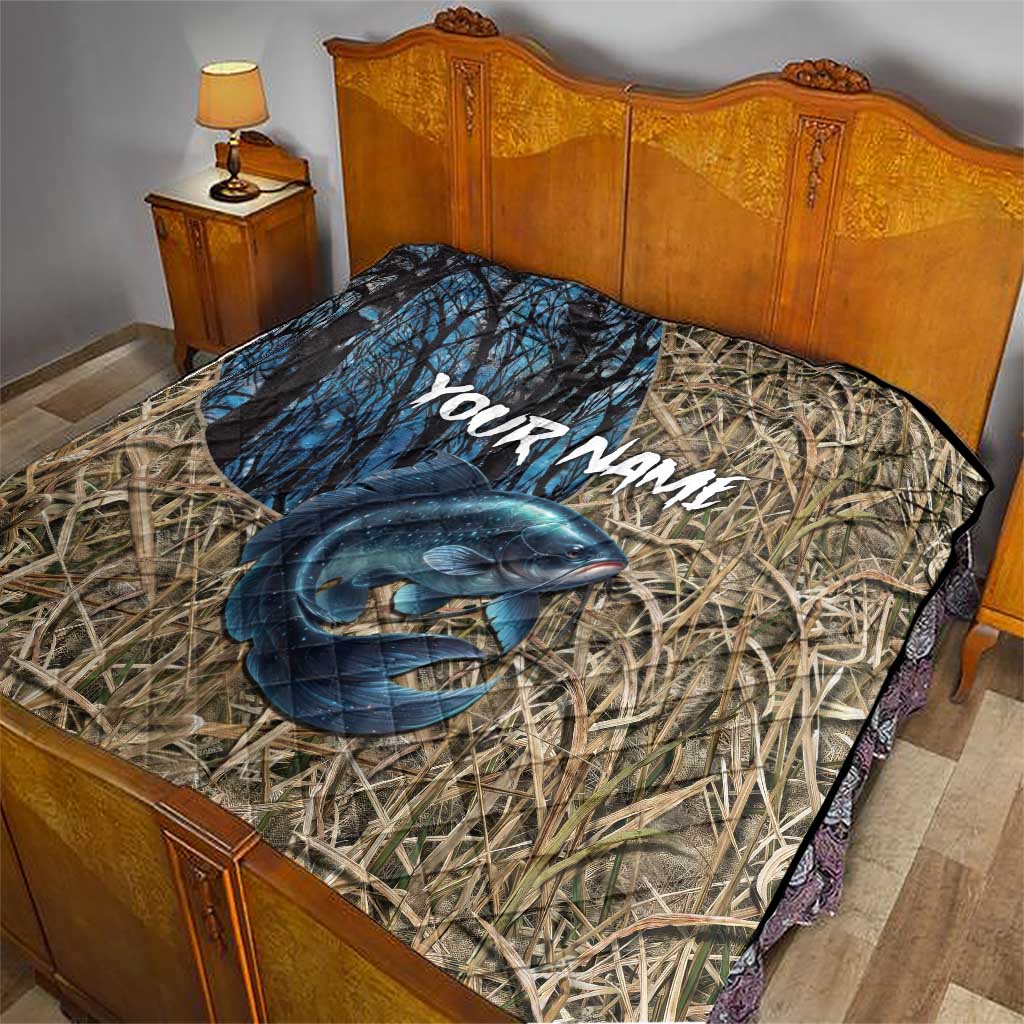 Catfish Fishing Personalized Quilt Blue Bass and Camo Reeds Background - Wonder Print Shop