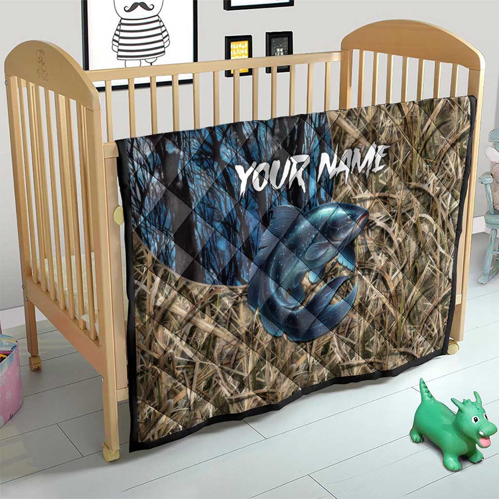 Catfish Fishing Personalized Quilt Blue Bass and Camo Reeds Background - Wonder Print Shop