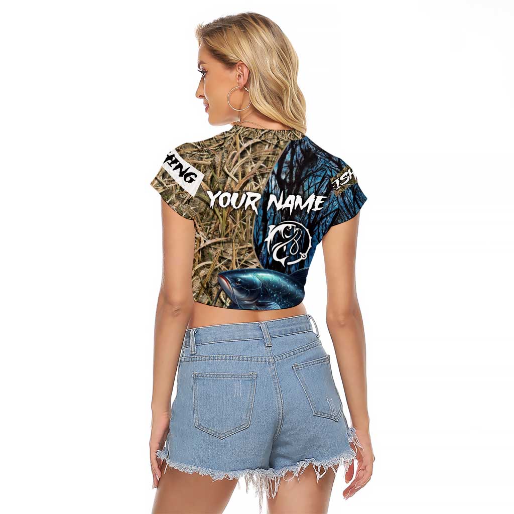 Catfish Fishing Personalized Raglan Cropped T Shirt Blue Bass and Camo Reeds Background - Wonder Print Shop