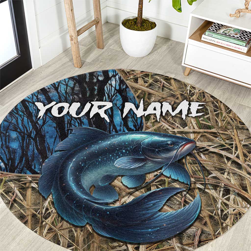 Catfish Fishing Personalized Round Carpet Blue Bass and Camo Reeds Background - Wonder Print Shop