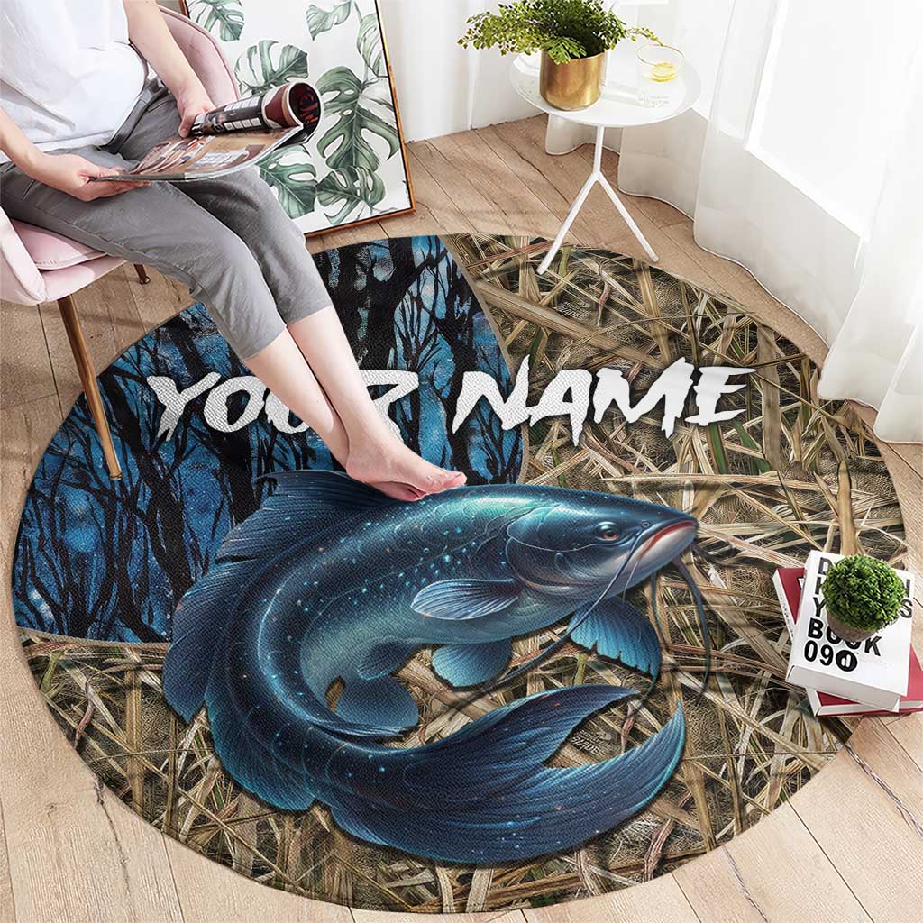 Catfish Fishing Personalized Round Carpet Blue Bass and Camo Reeds Background - Wonder Print Shop