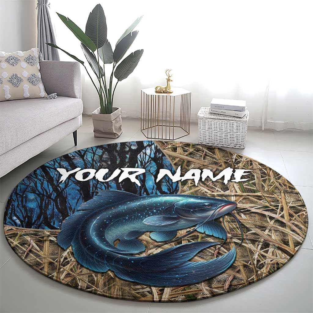 Catfish Fishing Personalized Round Carpet Blue Bass and Camo Reeds Background - Wonder Print Shop