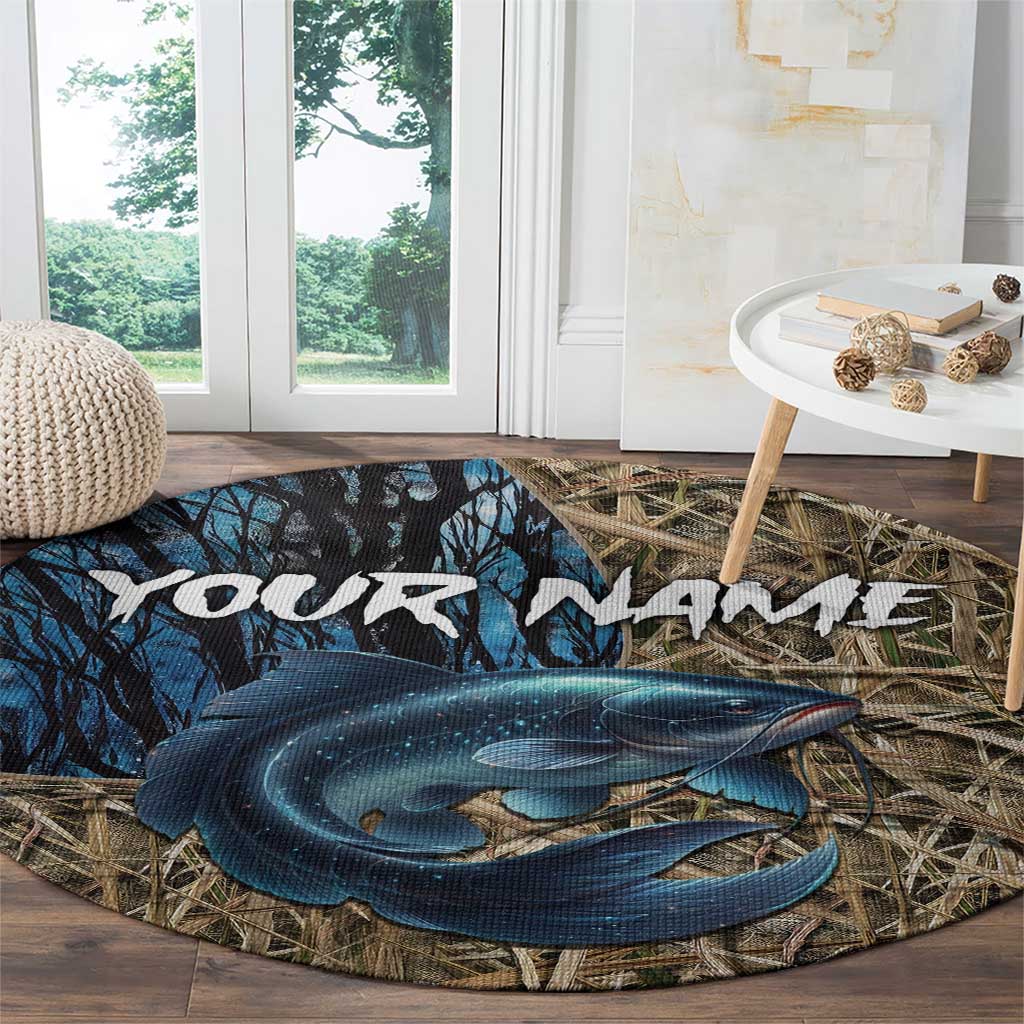 Catfish Fishing Personalized Round Carpet Blue Bass and Camo Reeds Background - Wonder Print Shop