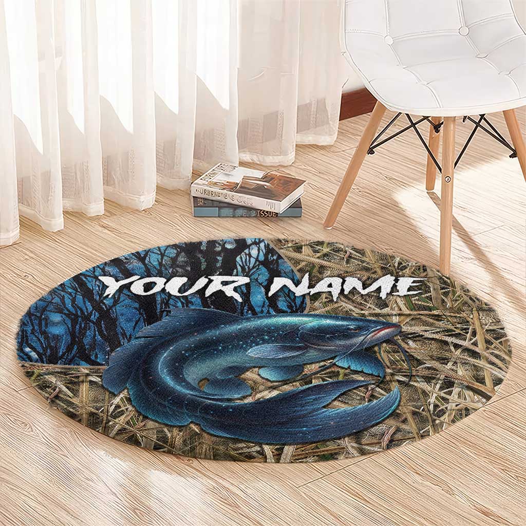 Catfish Fishing Personalized Round Carpet Blue Bass and Camo Reeds Background - Wonder Print Shop