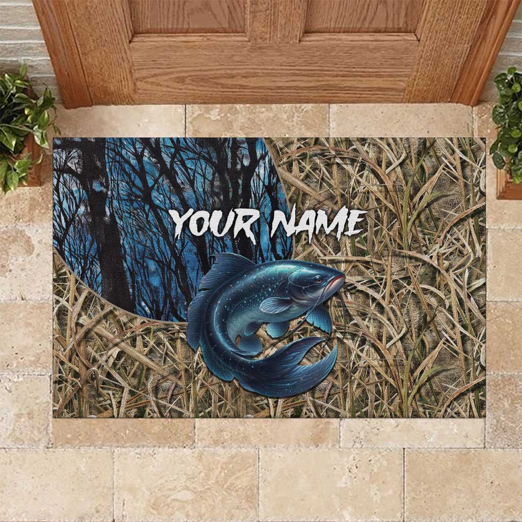 Catfish Fishing Personalized Rubber Doormat Blue Bass and Camo Reeds Background - Wonder Print Shop