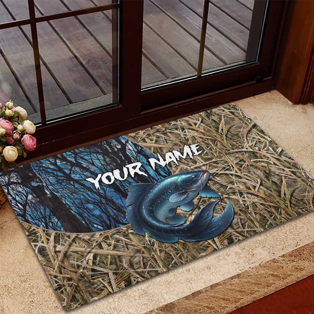 Catfish Fishing Personalized Rubber Doormat Blue Bass and Camo Reeds Background - Wonder Print Shop