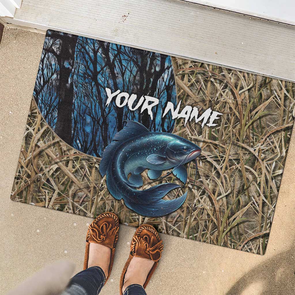 Catfish Fishing Personalized Rubber Doormat Blue Bass and Camo Reeds Background - Wonder Print Shop