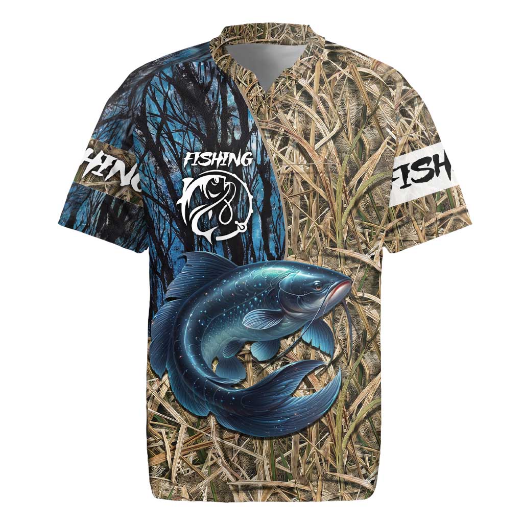 Catfish Fishing Personalized Rugby Jersey Blue Bass and Camo Reeds Background - Wonder Print Shop
