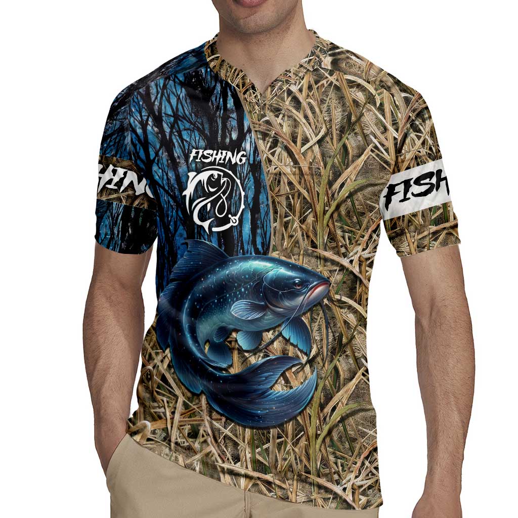 Catfish Fishing Personalized Rugby Jersey Blue Bass and Camo Reeds Background - Wonder Print Shop