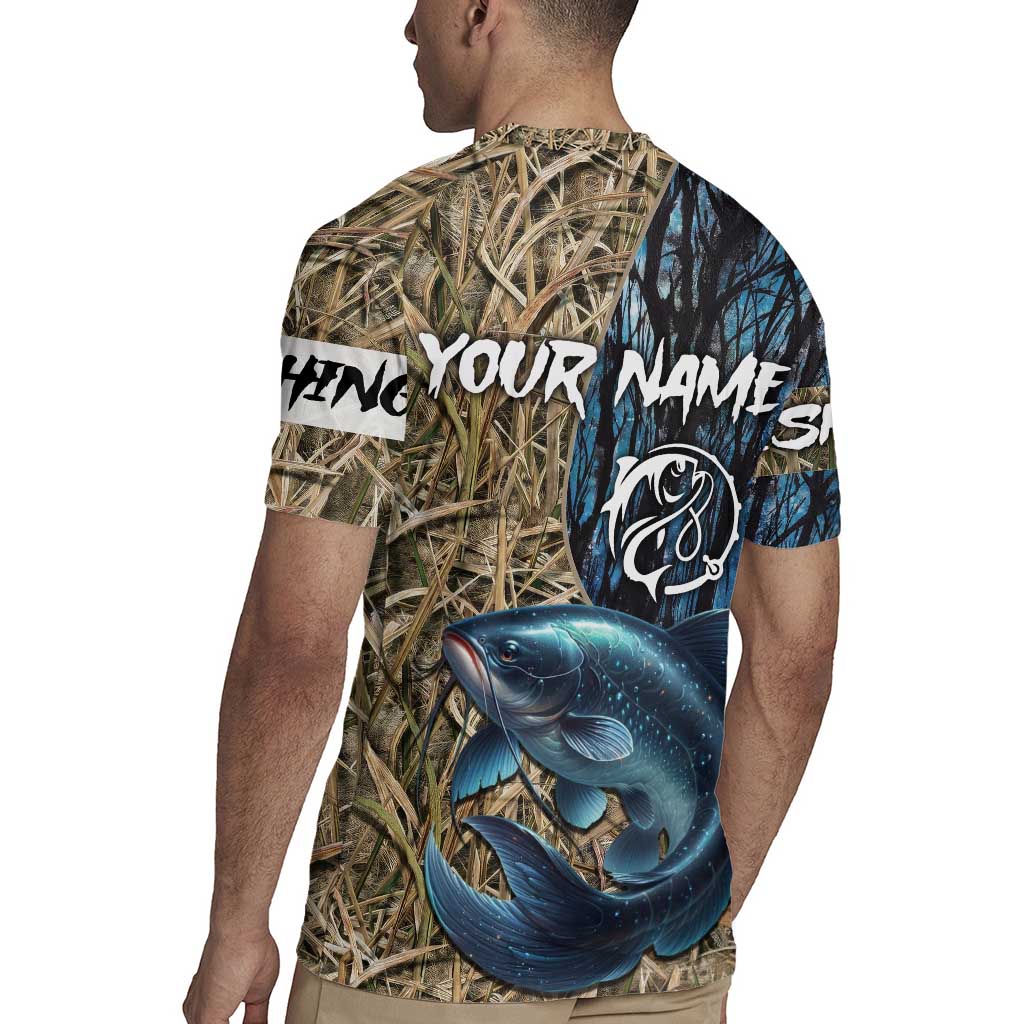 Catfish Fishing Personalized Rugby Jersey Blue Bass and Camo Reeds Background - Wonder Print Shop