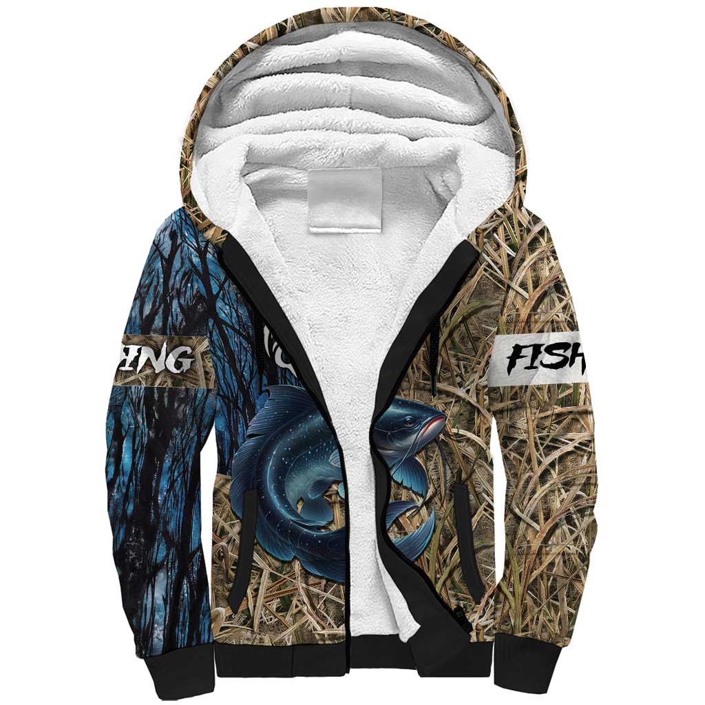 Catfish Fishing Personalized Sherpa Hoodie Blue Bass and Camo Reeds Background - Wonder Print Shop