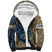Catfish Fishing Personalized Sherpa Hoodie Blue Bass and Camo Reeds Background - Wonder Print Shop