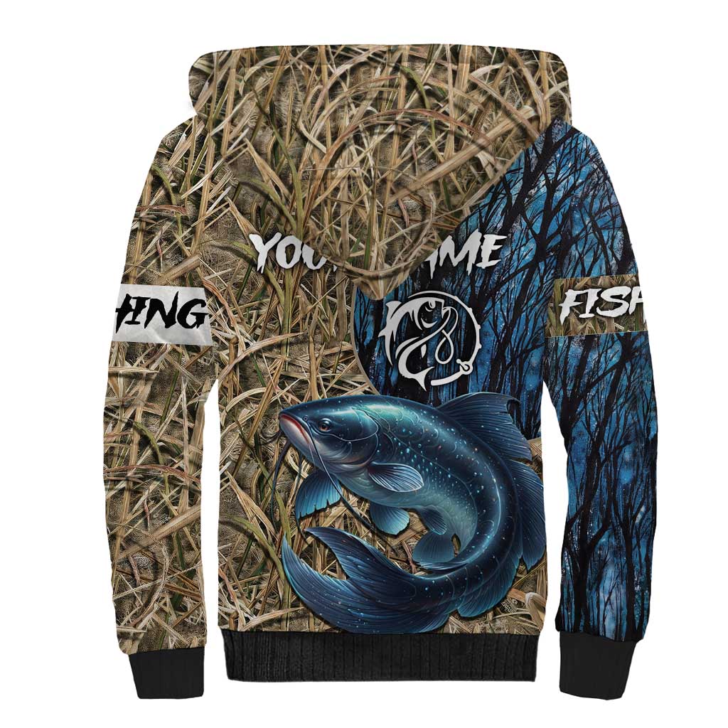 Catfish Fishing Personalized Sherpa Hoodie Blue Bass and Camo Reeds Background - Wonder Print Shop