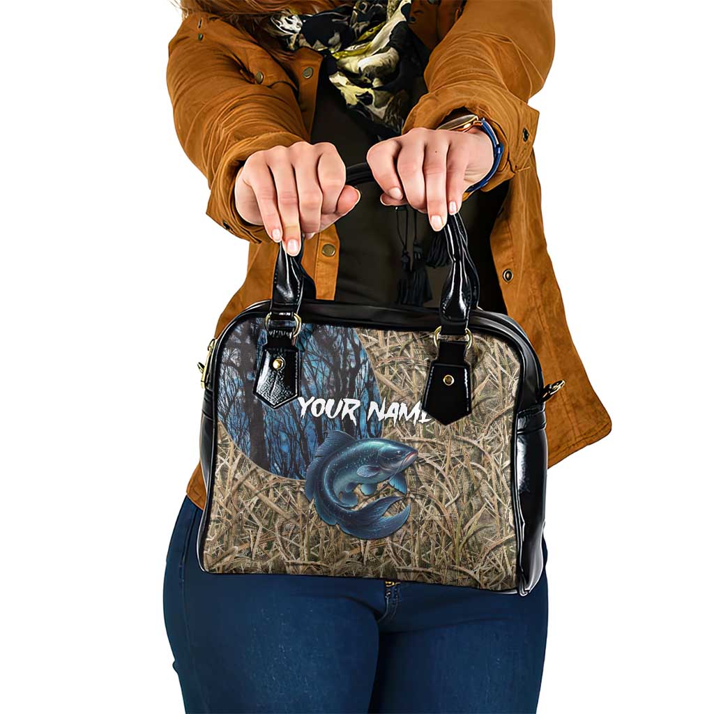 Catfish Fishing Personalized Shoulder Handbag Blue Bass and Camo Reeds Background - Wonder Print Shop