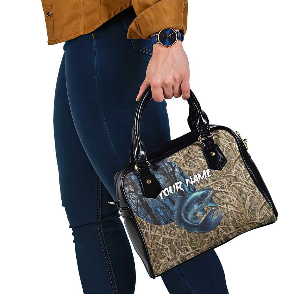 Catfish Fishing Personalized Shoulder Handbag Blue Bass and Camo Reeds Background - Wonder Print Shop