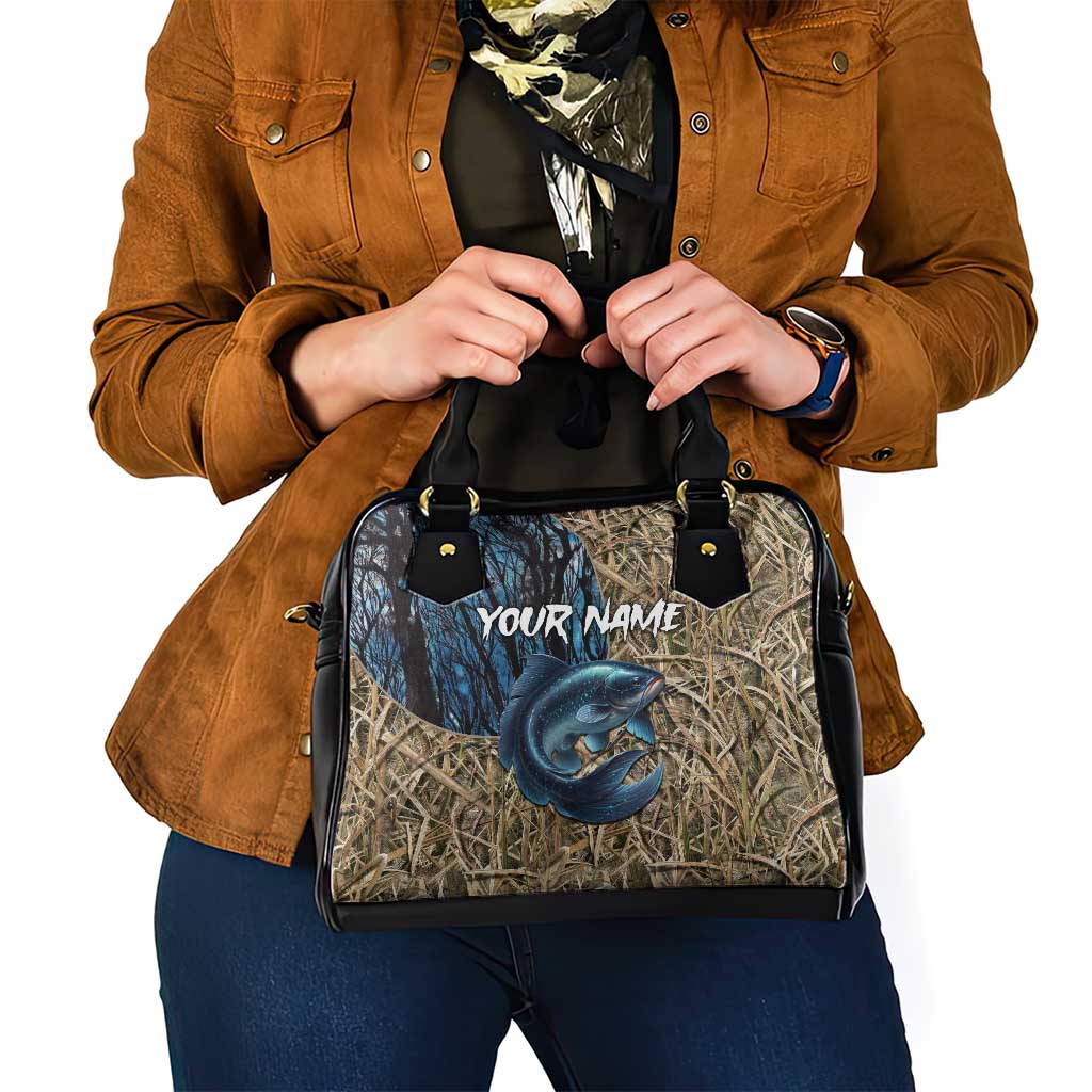 Catfish Fishing Personalized Shoulder Handbag Blue Bass and Camo Reeds Background - Wonder Print Shop