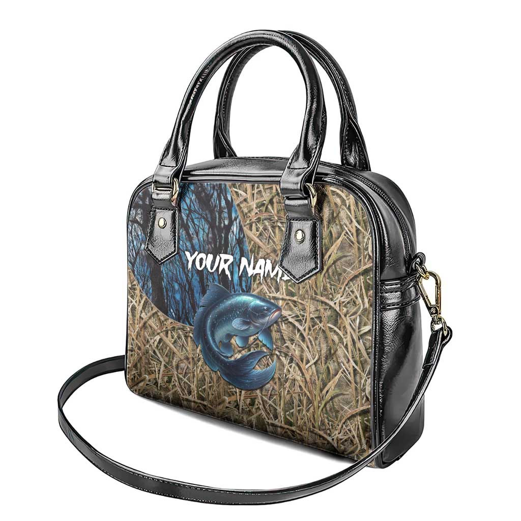 Catfish Fishing Personalized Shoulder Handbag Blue Bass and Camo Reeds Background - Wonder Print Shop
