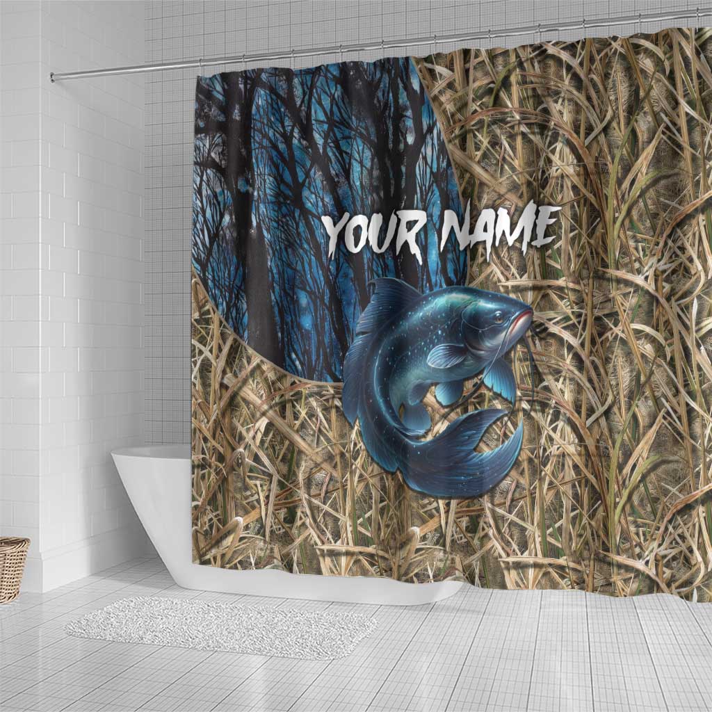 Catfish Fishing Personalized Shower Curtain Blue Bass and Camo Reeds Background - Wonder Print Shop