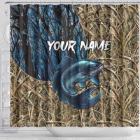 Catfish Fishing Personalized Shower Curtain Blue Bass and Camo Reeds Background - Wonder Print Shop